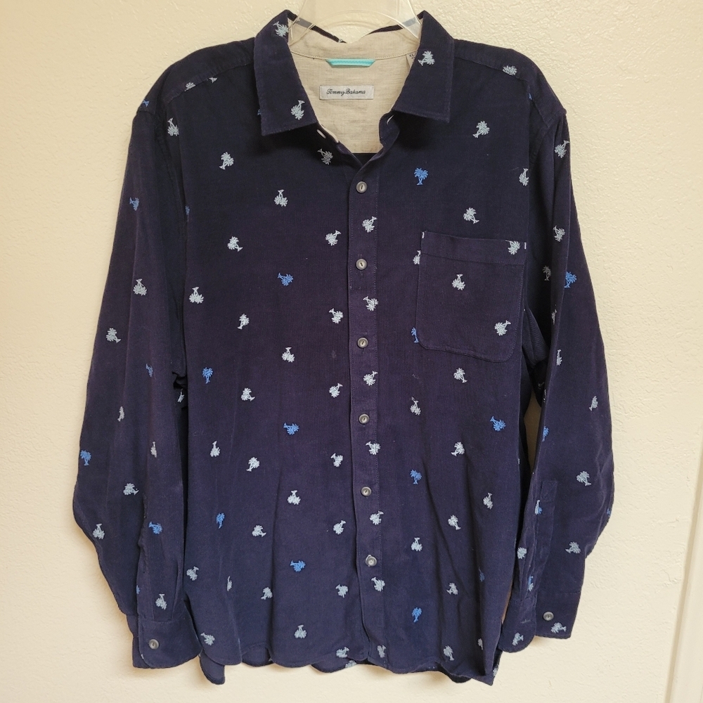 Tommy Bahams Navy Button-Up Shirt with Light Blue Palm Tree Print Fine Corduroy